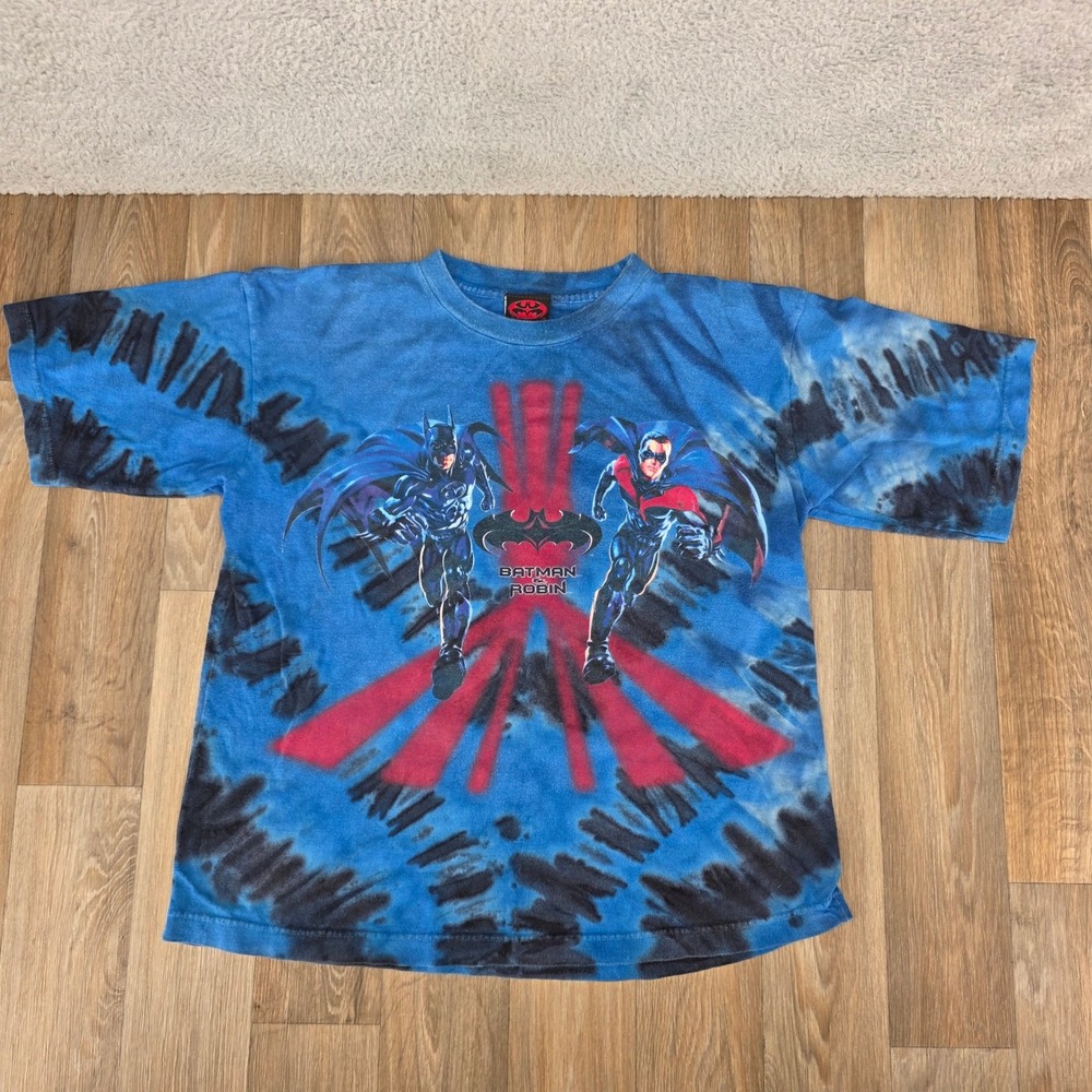 Vintage 1997 Batman Robin Movie Tie Dye T Shirt Youth L 14-16 Blue DC Comics 90s